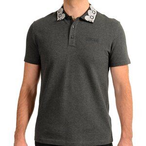 Versace Men's Gray Heritage Print Polo Piquet Shirt US S IT 48